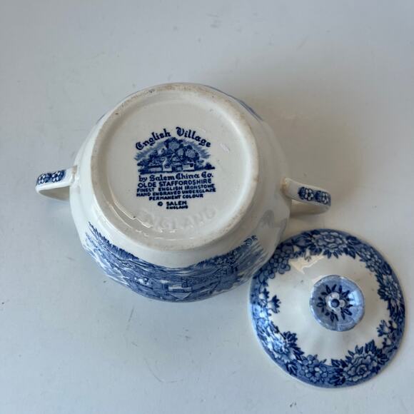 Vintage Salem China English Village Sugar Bowl & Lid Blue Olde Staffordshire - Picture 3 of 12